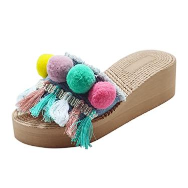 Imagem de Sandálias anabela para mulheres sandálias femininas femininas borla moda praia sandálias anabela verão (multicolorido, 8)