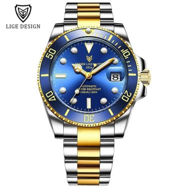 Imagem de Relógio Masculino Lige 6801 à Prova D`água Ouro Azul