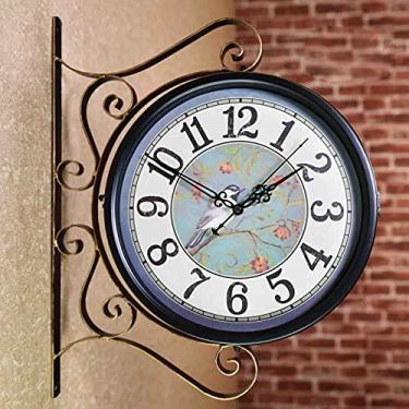 Imagem de Relógio de parede retrô de dois lados com aparência antiga marrom de aparência antiga de ferro forjado relógio de parede lustre redondo relógio de parede decoração de casa relógio de parede decoração