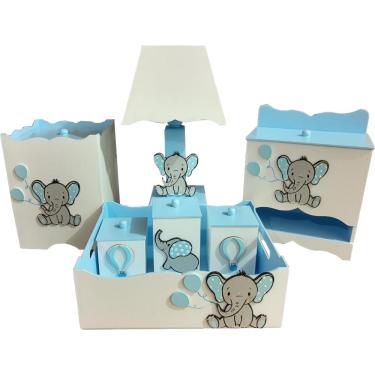Imagem de Kit Higiene Bebê MDF Elefantinho Azul 7 Peças