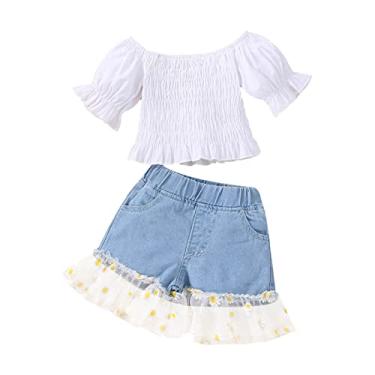Imagem de Camiseta infantil com babados e ombros de fora para meninas, floral, tule, patchwork, shorts, roupas de bebê menino (branco, 9 a 12 meses)