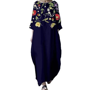 Imagem de UIFLQXX Vestido feminino plus size verão vintage estampa floral vestido longo gola redonda manga 3/4 casual vestido solto, Azul-escuro, 5G