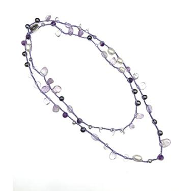 Imagem de Colar longo de quartzo transparente ametista roxa criada com pérolas brancas pretas para mulheres crochê trança colar longo joias da moda 50 polegadas, Pedra, Quartzo