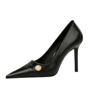 Imagem de YGJKLIS Sapatos femininos 10 cm stiletto bico fechado clássico slip on bico fino salto alto glitter formatura casamento sapatos para noiva, Preto, 7.5