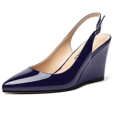 Imagem de WAYDERNS Sapato feminino bico fino tira ajustável tira no tornozelo moda namoro fivela Slingback sólida patente cunha salto alto sapatos 3,3 polegadas, Azul marinho, 7.5
