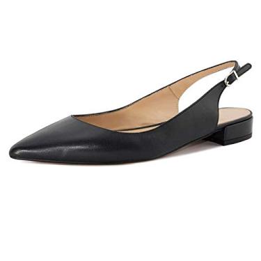 Imagem de Fericzot Sapatos femininos sensuais sandálias de bico fino salto baixo quadrado fivela Drees Flat Shoes Plus Size, Preto - PU, 8
