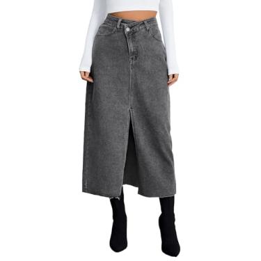 Imagem de SweatyRocks Saia jeans feminina casual cintura alta bainha dividida acabamento cru midi saia jeans, Cinza claro, PP