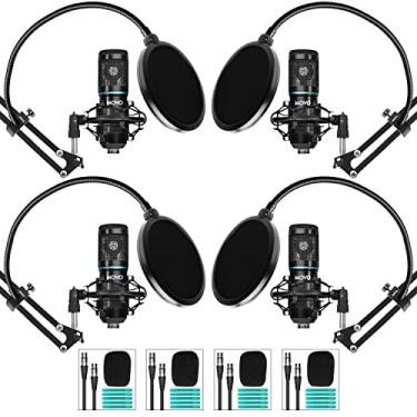 Imagem de Movo Pacote com 4 equipamentos de podcast para microfone condensador XLR universais para 4 – Inclui microfones cardioides, suportes de mesa, suportes de choque, filtros pop e cabos de áudio – Ótimo para Zoom, música, YouTube