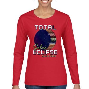 Imagem de Camiseta feminina de manga comprida Total Solar Eclipse Path apenas com óculos de eclipse 8 de abril de 2024 festa astronomia sol lua, Vermelho, 3G