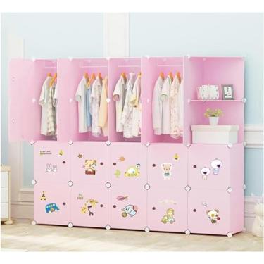 Imagem de Guarda-roupa portátil Guarda-roupas infantis Armário de combinação de guarda-roupa portátil, armário modular com economia de espaço para brinquedos, toalhas, livros (rosa) Armário de armazenamento de