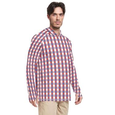 Imagem de Moletom masculino com capuz com proteção UV manga comprida bandeira americana FPS 50 + camisetas masculinas refrescantes com capuz UV Rash Guard, Xadrez azul vermelho, P