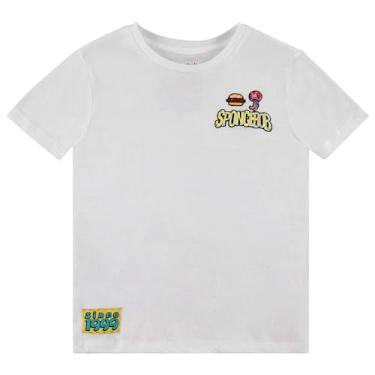Imagem de SpongeBob SquarePants Camiseta para meninos - Bob Esponja, Mr Krrabs, Lula Molusco - Camiseta Clássica Bob Esponja Frente e Costas Patch, Branco, 10-12