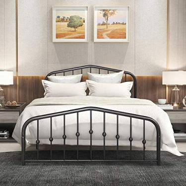 Imagem de Moldura de cama de casal para plataforma de quarto, estrutura de cama, base de colchão de plataforma de metal de tamanho completo com cabeceira de pé, estilo vintage, fácil de montar 198 x 138 x 108