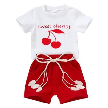 Imagem de YOUNGER TREE Camiseta infantil para bebês meninas com estampa de melancia + shorts de linho com cinto bonito conjunto curto de verão, Cereja, 5-6 Anos
