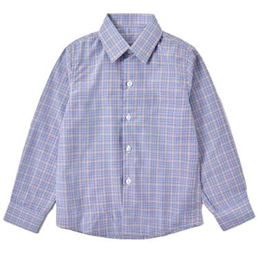Imagem de KEYWANTS Camisa social de manga comprida para meninos, meninos e crianças, camisa de uniforme de botão, tamanho 2-20, Xadrez pequeno azul/amarelo, 14
