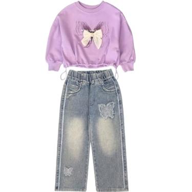 Imagem de Peacolate Conjunto de 2 peças de camiseta e jeans para meninas grandes 4 a 10 anos primavera outono, Roxa, 6-7 Anos