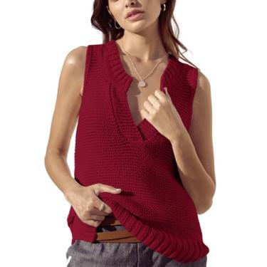Imagem de Saodimallsu Camiseta regata feminina com gola V, sem mangas, de malha, leve, descolada, com fenda lateral, túnica casual, Vermelho, M