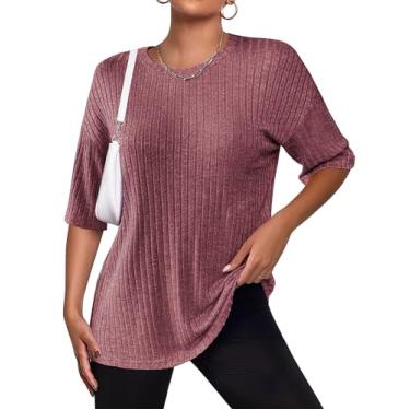 Imagem de Zeagoo Camisetas femininas grandes de malha canelada manga curta gola redonda casual confortável túnica tops P-2GG, Vinho tinto, M