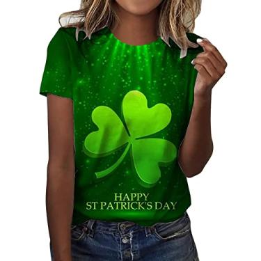Imagem de Camisetas femininas do Dia de São Patrício com estampa de coração de trevo verde túnica de manga curta, rosa, M