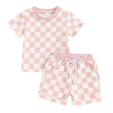 Imagem de FOCUSNORM Conjunto de camiseta de manga curta para bebês e meninas Daddys Girl Conjunto de shorts xadrez roupas de verão para meninas recém-nascidas, Xadrez, rosa, 6-12 Meses