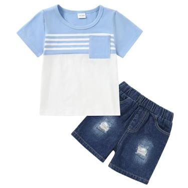 Imagem de CARETOO Roupas infantis para meninos de 12 a 5 anos 12 a 5 anos com estampa de camiseta camiseta jeans conjunto curto, Azul claro, 18-24 Meses