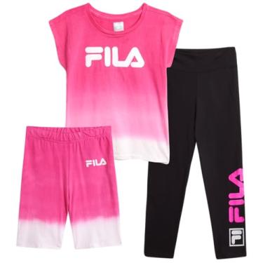 Imagem de Fila Conjunto de leggings esportivas para meninas - camiseta de desempenho de 3 peças, calças de ioga e shorts de bicicleta - conjunto esportivo para meninas (P-GG), Rosa brilhante/preto, P
