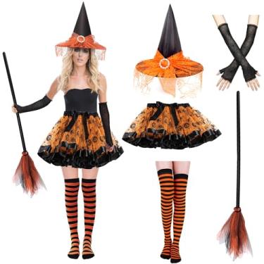 Imagem de CAKKA Witch Costume for Women, Orange 5PCS Halloween Set With Hat, Tutu Dress, Broom, Striped Thigh Socks, Gloves - Full Accessories for Girl Adult Women Plus Size