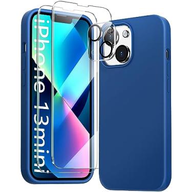 Imagem de JTWIE [Capa 5 em 1 para iPhone 13 Mini de 5,4 polegadas, com 2 protetores de tela + 2 protetores de lente de câmera, capa protetora fina de silicone líquido à prova de choque para celular... (azul)