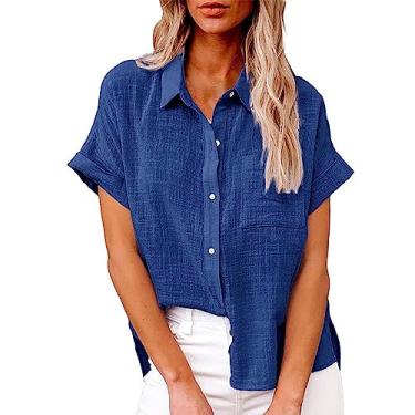 Imagem de Camiseta feminina de verão, de linho, manga curta, cor sólida, caimento solto, gola V, botão, túnica, Bu1, 3G