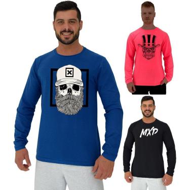 Imagem de Kit 3 Camisetas Manga Longa Masculina MXD Conceito Básico Peça Estampada Cores Diversas Academia-Masculino