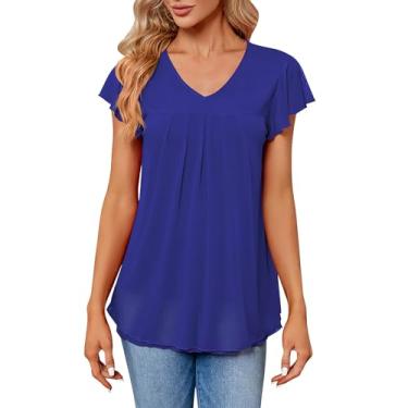 Imagem de Camiseta feminina, gola V, plissada, manga curta, com babados, caimento solto, cor lisa, túnica, camisa de verão, Azul, M