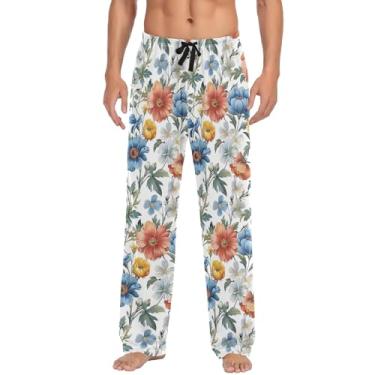 Imagem de CHIFIGNO Calça de pijama masculina, calça de pijama de ajuste reto com cordão e bolsos, bem-humorada, Aquarela vintage floral, XXG