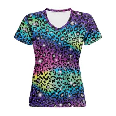 Imagem de Gzzxiailg Camiseta feminina com gola V macia, básica, leve, de manga curta, túnica plus size, Leopardo colorido, XXG