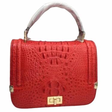 Imagem de Bolsa feminina de couro de crocodilo autêntica com aba de couro de jacaré genuíno pequena bolsa de ombro feminina oblíqua, Vermelho, 22.5cm(Length) x 18cm(Height) x 12cm(Deep)