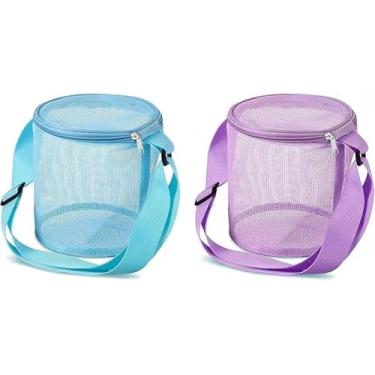 Imagem de Bolsa de praia de malha para crianças organizador de brinquedos com zíper marrom ajustável com alça de ombro bolsa de golfe de concha infantil saco de coleta de balde redondo (Azul + Roxo)