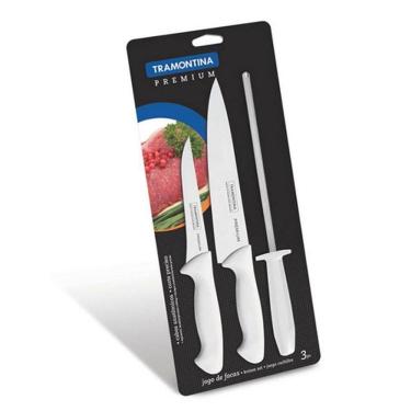 Imagem de Jogo De Facas Tramontina Premium Em Aço Inox E Cabos De Polipropileno Branco Com Chaira 3 Peças