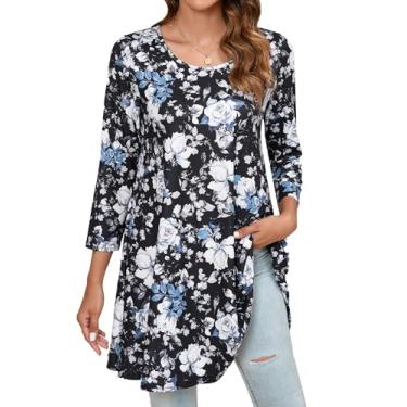 Imagem de ENMAIN Blusa feminina de manga 3/4, elegante, casual, plus size, túnica para usar com leggings rodada, camiseta rodada, blusas soltas, Preto, branco, floral, GG