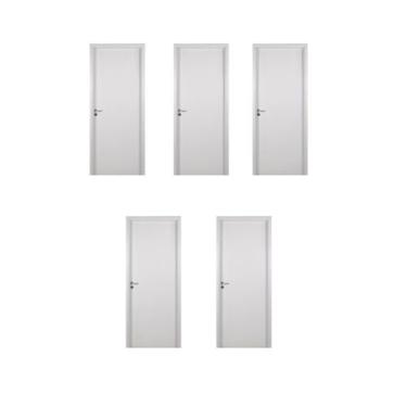 Imagem de 5 Kits Porta de Madeira Lisa 215x84cm com Batente de Mdf Ultra 16cm Melamínico Branco