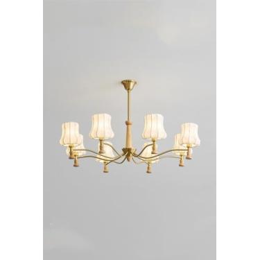 Imagem de Lustre Sputnik moderno de metal dourado vintage cilíndrico decoração de madeira luz pendente de tecido rodado meados do século luz suspensa para sala de estar