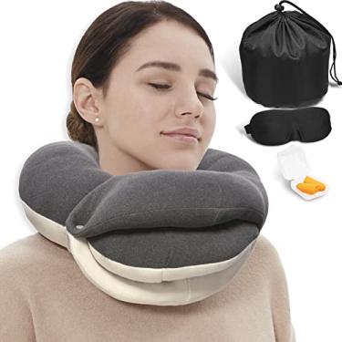 Imagem de Almofadas de pescoço de viagem BUYUE para aviões, suporte de cabeça de 360° para dormir em voos longos, suaves para a pele e respiráveis, kit com máscara de olhos com contorno 3D, protetores