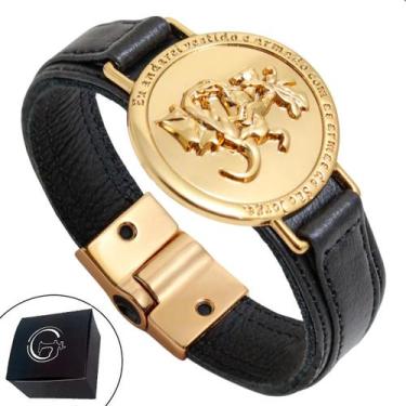 Imagem de Pulseira de Couro Magnética Masculina Feminina Preta São Jorge Dourada