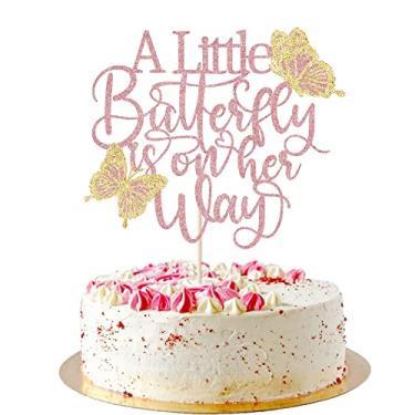 Imagem de AROKIPPRY Topo de bolo A Little Butterfly is on Her Way, decoração de bolo com tema de borboleta, ótimo para chá de bebê, bem-vindo ao bebê, suprimentos de decoração de festa revelação de gênero (ouro
