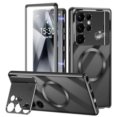 Imagem de Jonwelsy Capa para Samsung Galaxy S24 Ultra com suporte invisível para câmera, capa de proteção de vidro frontal e traseira de 360 graus [compatível com MagSafe] Amortecedor de liga de alumínio de