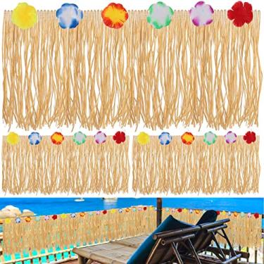 Imagem de Oudain Pacote com 3 saias de mesa de grama Luau com franja de palha e grama havaiana saia de mesa tropical 30 x 29 cm Tiki Grass Luau decoração de festa havaiana luau aniversário bar praia (estilo