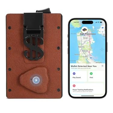 Imagem de Carteira masculina inteligente com rastreador funciona para Find My(iOS)- antiperda [lembrete deixado para trás] Estojo para cartão pop-up fino em clipe de dinheiro de couro, Marrom escuro