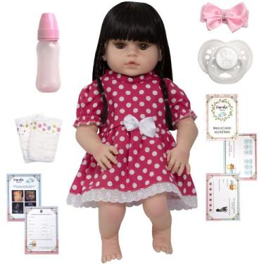 Imagem de Bebe Reborn Nicole Morena Corpo de Vinil 46cm Kit Acessórios - Cegonha