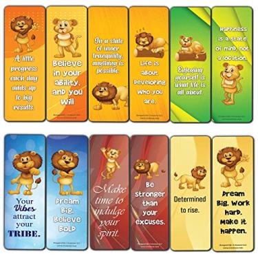Imagem de Creanoso Marcadores de livro com tema de leão Positive Vibes (10 conjuntos x 6 cartões) – Conjunto de cartas inspiradoras diárias – Cortador de página de livro interessante – Ótimo presente para