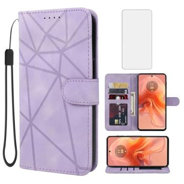 Imagem de Wanyuexes Capa para Moto G24 4G/Moto G04/Moto E14/Moto G04S XT2423-1 Capa carteira com protetor de tela de vidro temperado, suporte para cartão de crédito de couro para Motorola Moto G24 4G roxo