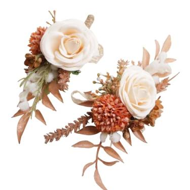 Imagem de Alizeal Conjunto de 2 peças de corpete de pulso e flor na lapela, acessórios de flores artificiais para decoração de casamento, baile de formatura, cerimônia de baile, champanhe + laranja