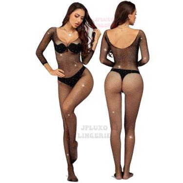 Imagem de Body Arrastão Strass Lingerie Macacão Manga Longa Brilhante anita juju